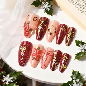 24pcs Medium Long Almond False Nails, Christmas Atmosphere, Luxury, Snowflake/bow/3D Flower Drills, Detachable Nail Art
