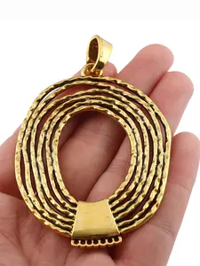 1pc Antique Gold/Matte Gold Hammered Multi-Layer Oval Pendant, Wavy Textured Open Multi-Ring Openwork Charm with Tribal Bead Detail, Oversized Ethnic Boho Statement Charm for DIY Necklace Jewelry Making