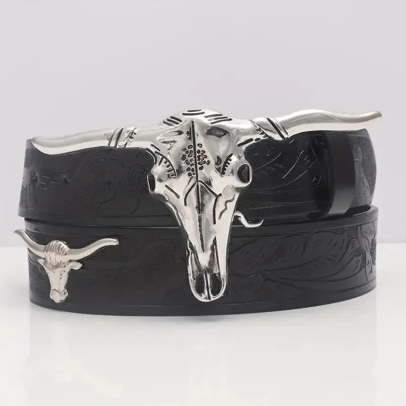 Men’s Light Luxury Western Belt with 3D Longhorn Bull Head Buckle & Tooled Plant Pattern