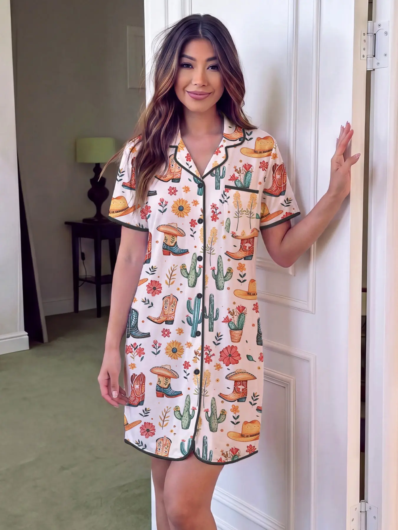 Women's Cactus Print Nightdress, Casual Loose-Fit Sleepwear, Short Sleeve Open Front Dress, All-Season Home Wear, Festive Party
