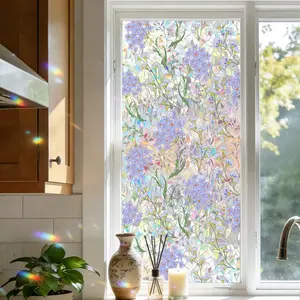 1 Sheet Monet-Style Purple Floral Stained Glass Window Film, Iridescent Holographic Sticker, Decorative Stickers, Sticker Decoration, Static Cling (Adhesive-Free), Privacy Film for Kitchen and Balcony, 39.37 x 17.72 Inches