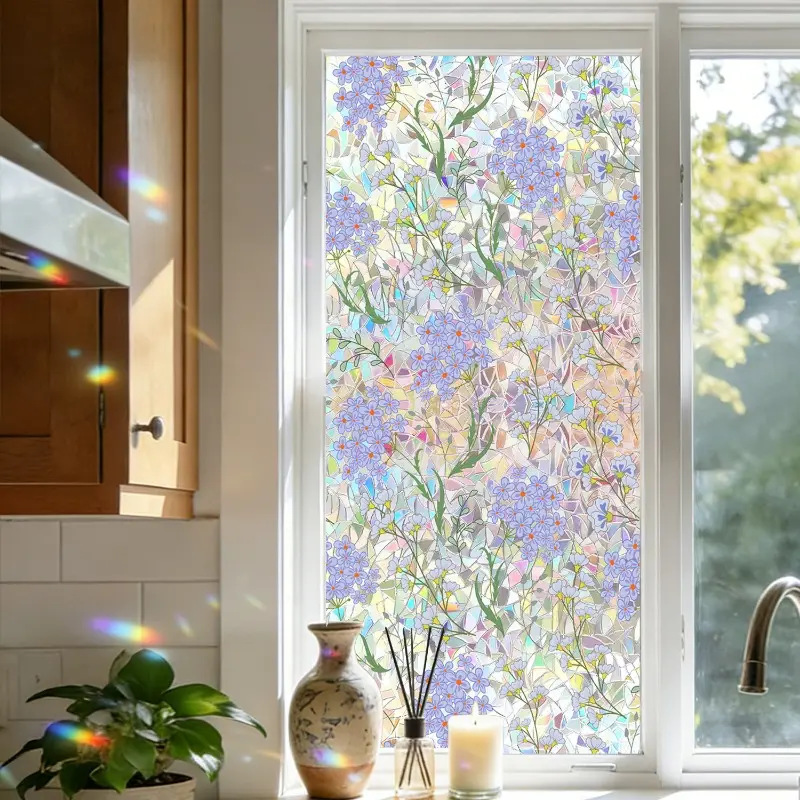 1 Sheet Monet-Style Purple Floral Stained Glass Window Film, Iridescent Holographic Sticker, Decorative Stickers, Sticker Decoration, Static Cling (Adhesive-Free), Privacy Film for Kitchen and Balcony, 39.37 x 17.72 Inches