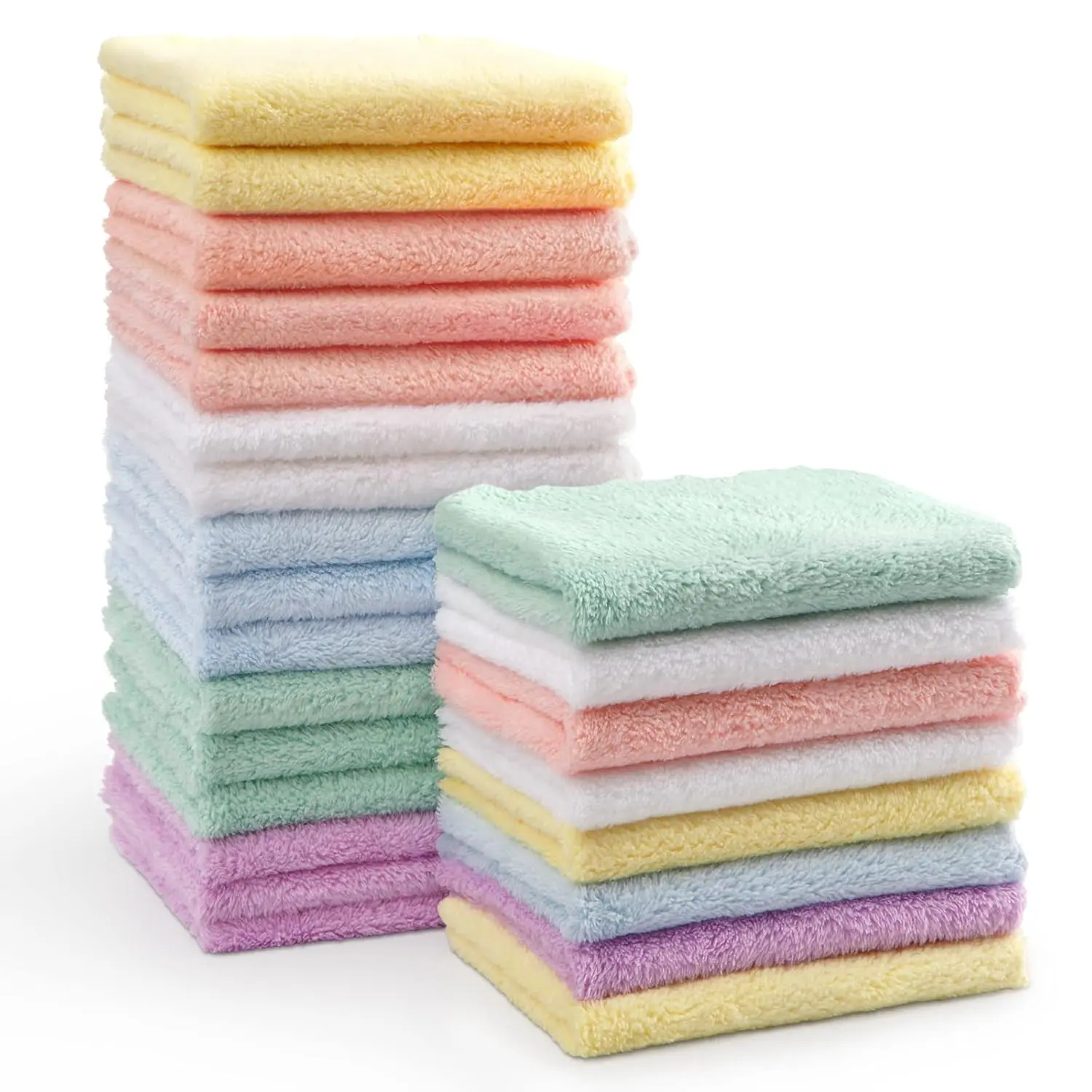 24-Pack Unisex Microfiber Coral Fleece Baby Washcloths (7x9 in), Extra Absorbent Gentle Care Bath Face Burp Cloths for Newborns, Sensitive Skin-Friendly Bathroom Towel Supplies