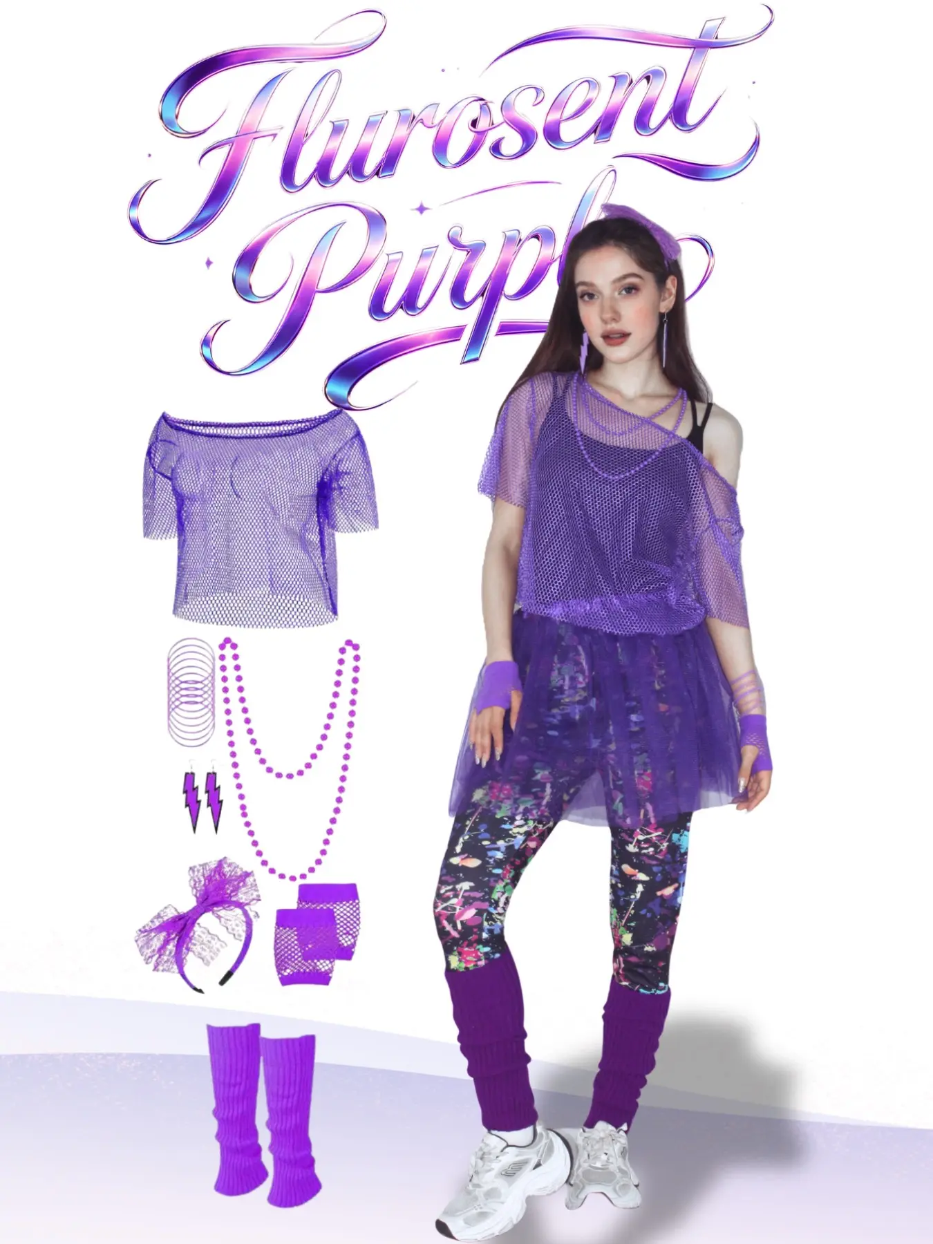 10-Piece Retro Neon Disco Party Accessory Set, Includes Lightning Earrings, Beaded Chains, Butterfly Headbands, Fishnet Sleeves, Silicone Bracelets, Stacked Socks