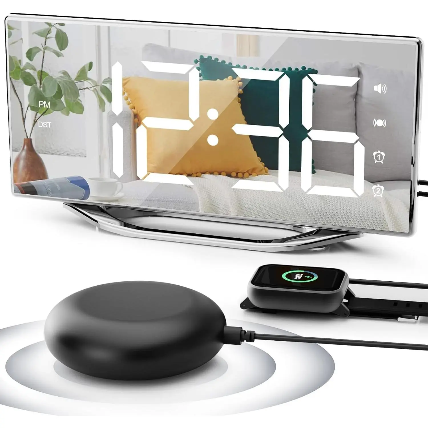 Extra Loud Vibrating Alarm Clock with Bed Shaker, Dual Alarms, 8.7" Mirror LED Display, USB Charging, Battery Backup, Adjustable Dimmer & Volume for Hearing Impaired AdultsGift