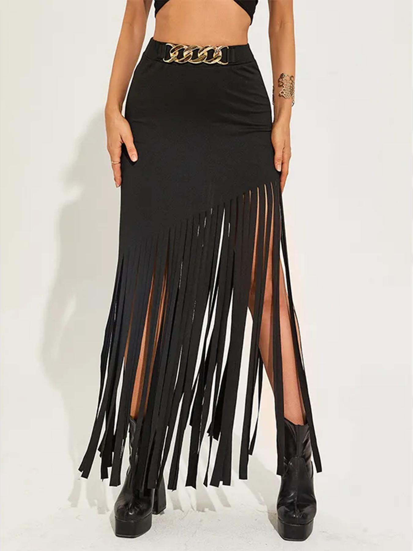 Women's Solid Color Fitted Fringe Trim Skirt, Fashionable Long Skirt for Party Club Dating Wear, Women's Bottoms for Summer