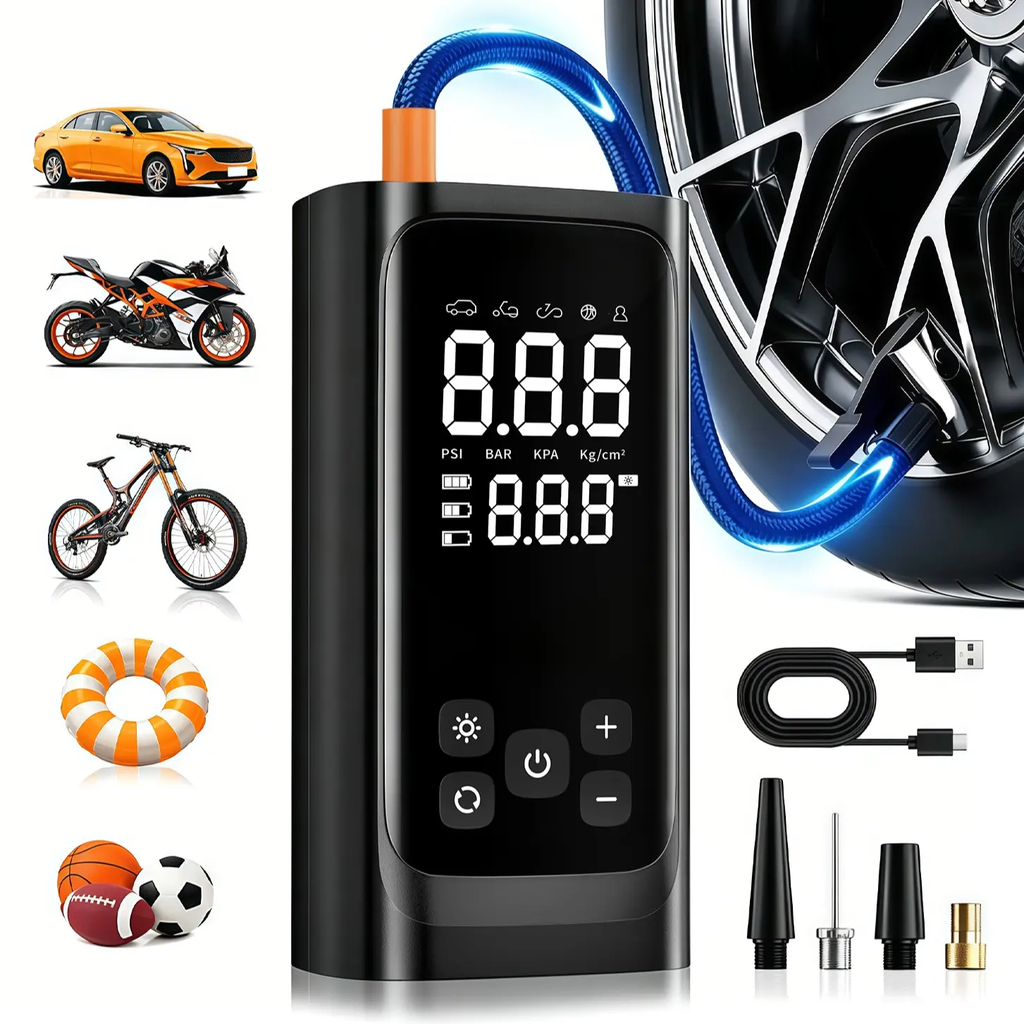 Portable Car Tire Inflator 150psi, High-Speed Air Compressor with Auto Shut-Off and LED Light, Electric Tire Pump for Cars, Bikes, Balls, Tire Inflator Cordless
