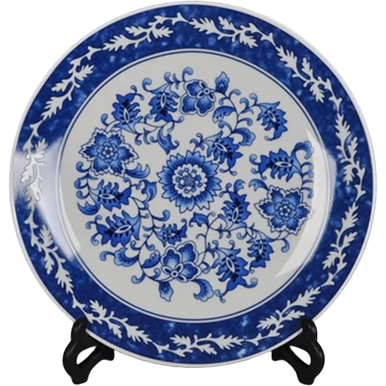 Blue and White Porcelain Decorative Plate of 10.4‘’ 26cm Oriental Floral Pattern Ceramic Ornaments Dessert Plates, 1 Plate with 1 Display Stand