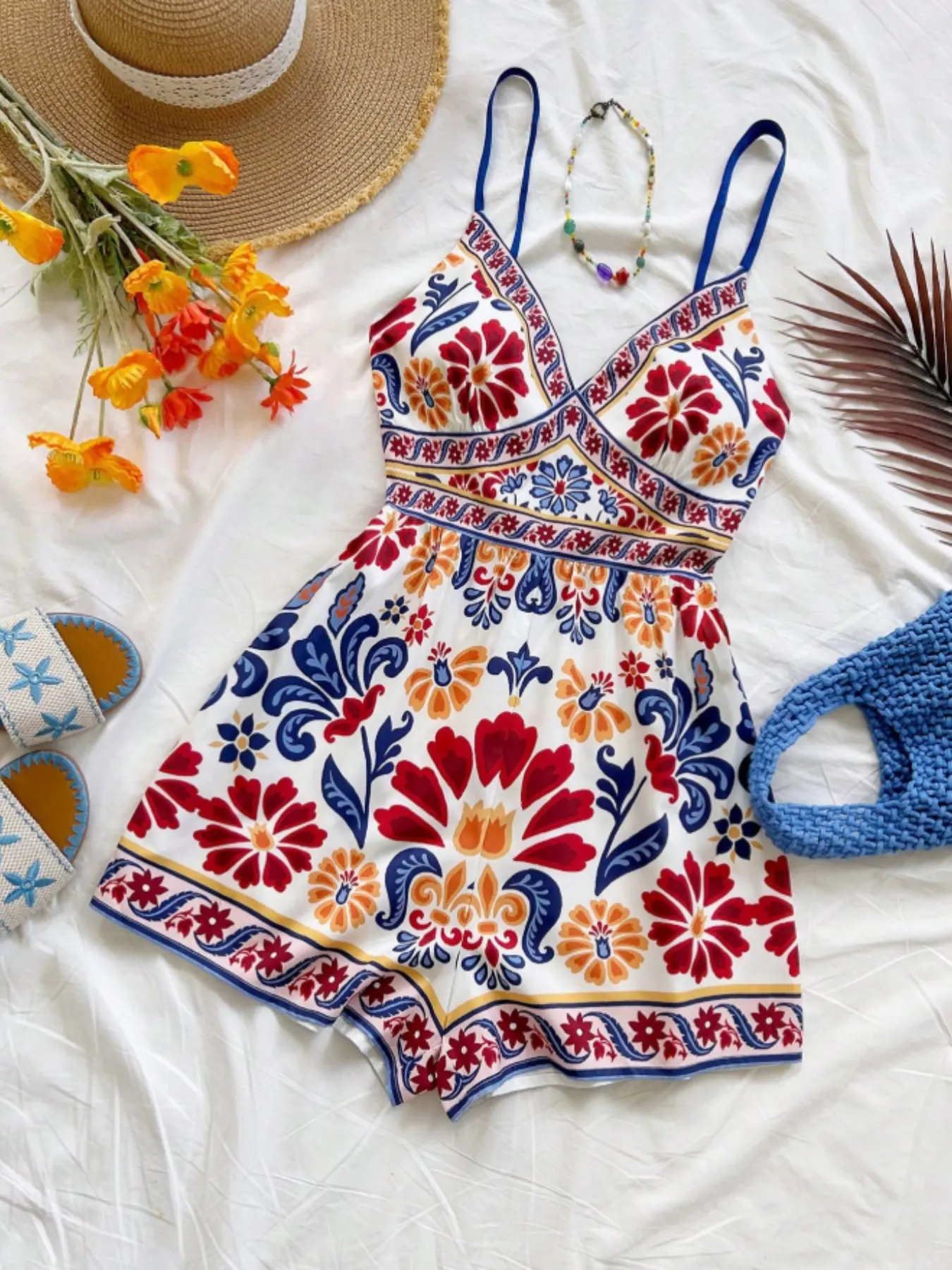 Women's Colorful Tropical Print Sleeveless Romper, One-Shoulder Design, Metal Decoration, Perfect for Summer Events, Beach, Music Festivals