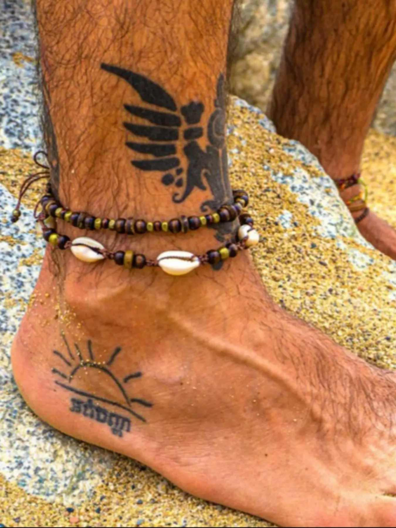 Boho Ethnic Shell Wood Bead Coconut Shell Beaded Anklet, Adjustable Woven Beach Vacation Bracelet, Men's Fashion Foot Jewelry