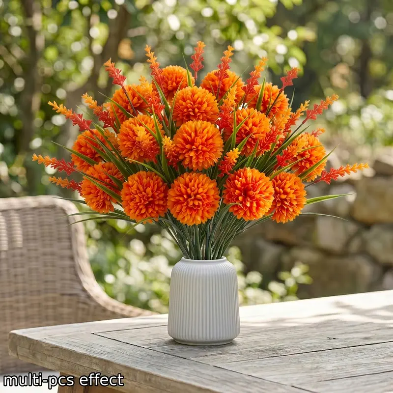 16 vibrant orange faux chrysanthemum bouquets, with realistic artificial pom-poms, perfect for fall Thanksgiving centerpieces and patio/garden vase decorations.