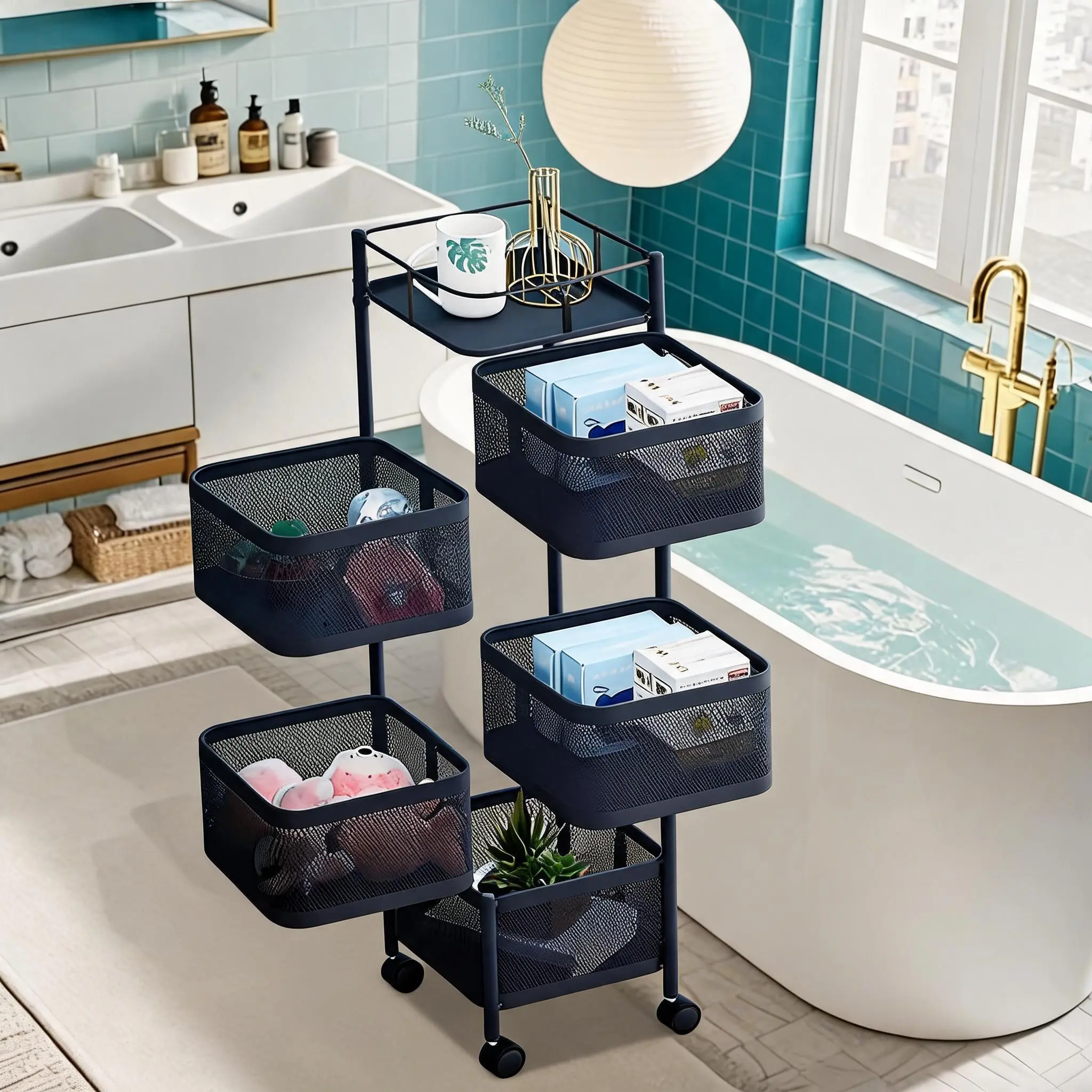 5 & 6 Tier Rotating Metal Mesh Storage Cart, Rolling Utility Organizer with Lockable Wheels, Space Saving Snack Fruit Trolley Black White for Kitchen Pantry Bathroom Living Room