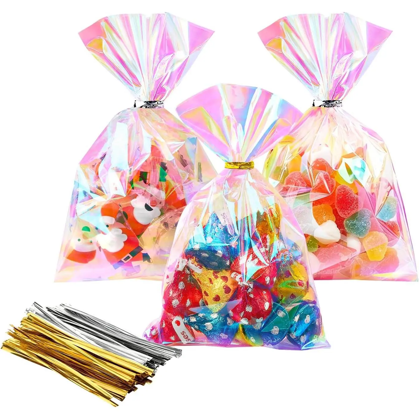 Iridescent Cellophane  Bags, 4x6 Inches, 100 count | With Ties, Holographic, Small, For Candies, Snacks, Popcorn,Gifts and Party Favor