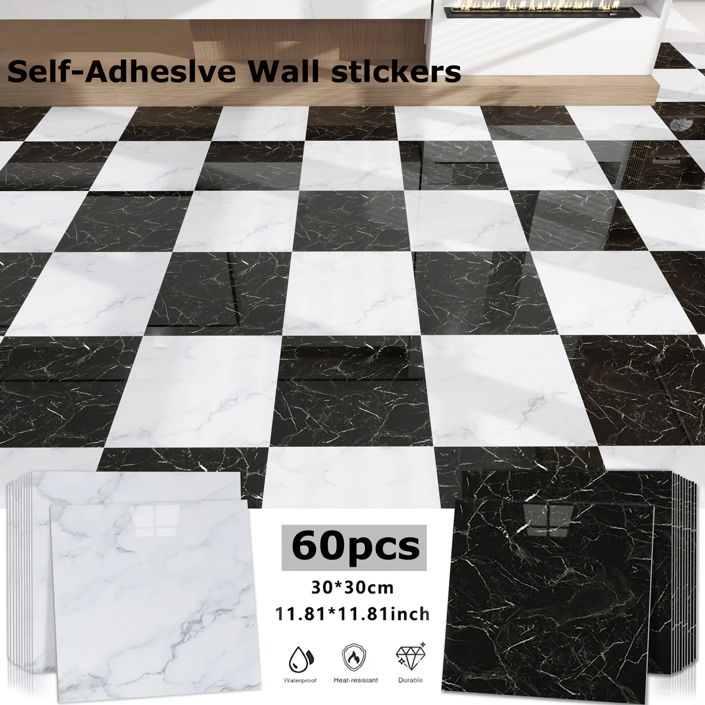 60pcs Self-Adhesive Vinyl Decorative Wall Panels, Waterproof Marble Tiles for Bathroom Kitchen Living Room, Easy Clean, Cuttable Foam Board, DIY Home Decor
