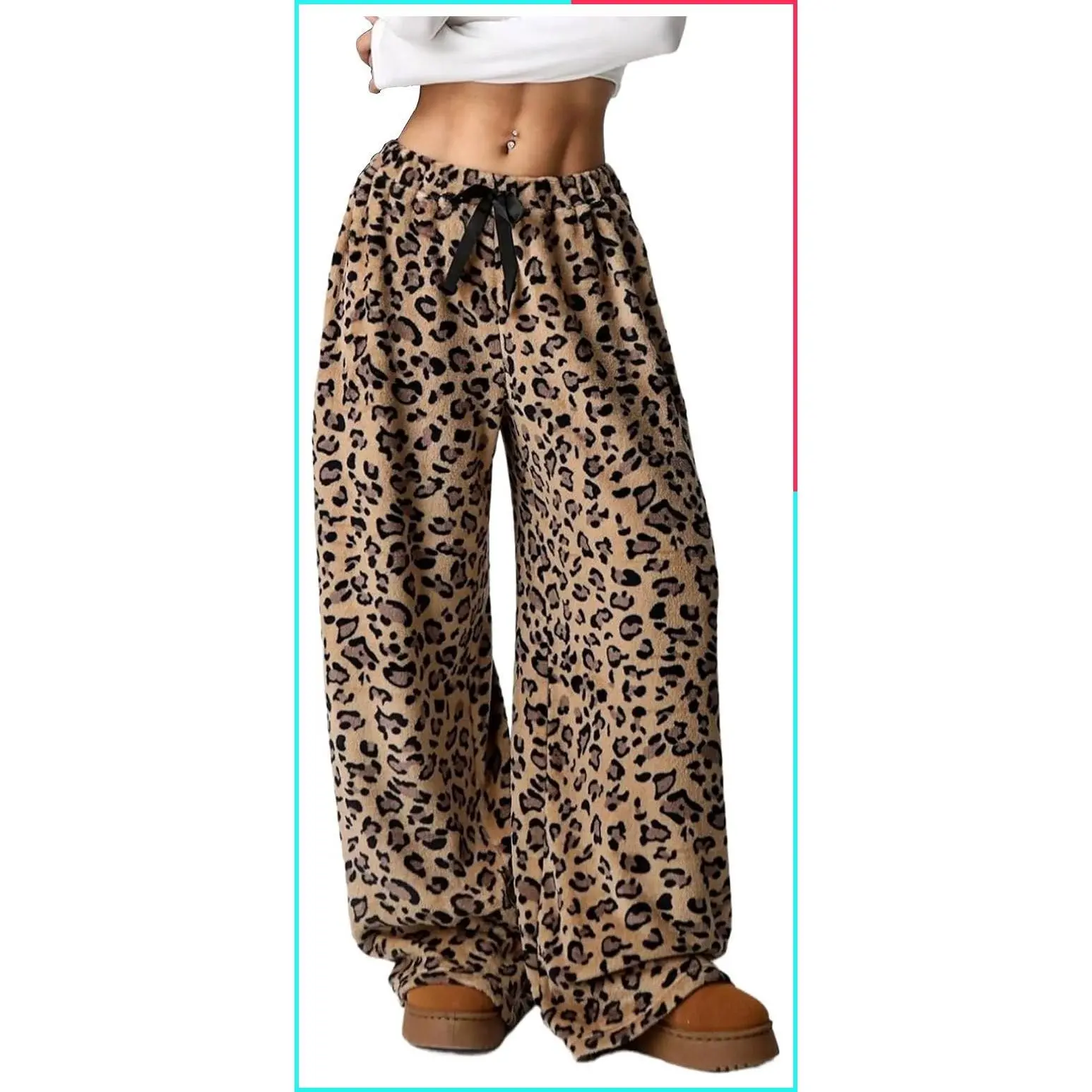Women's Leopard Cheetah Print Fuzzy Fluffy High Waisted Pajama Lounge Pants Y2K Grunge Therian