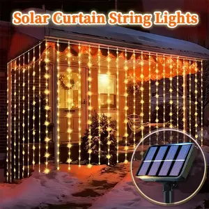 Outdoor Solar Curtain Lights, LED String Lights with 8 Modes, Warm Light, Wedding Garden Bedroom Decor, Indoor Outdoor Wall Decoration