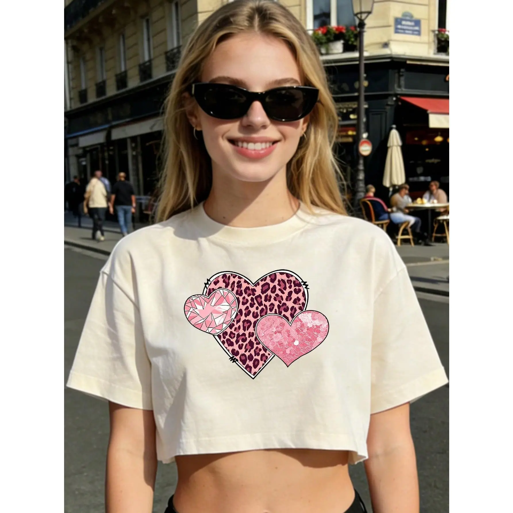Sexy Y2K Crop Top With Short Sleeves, Featuring A Combination Of Three Different Textures With Heart-Shaped Prints, Leopard Print, Sequins, And Diamon