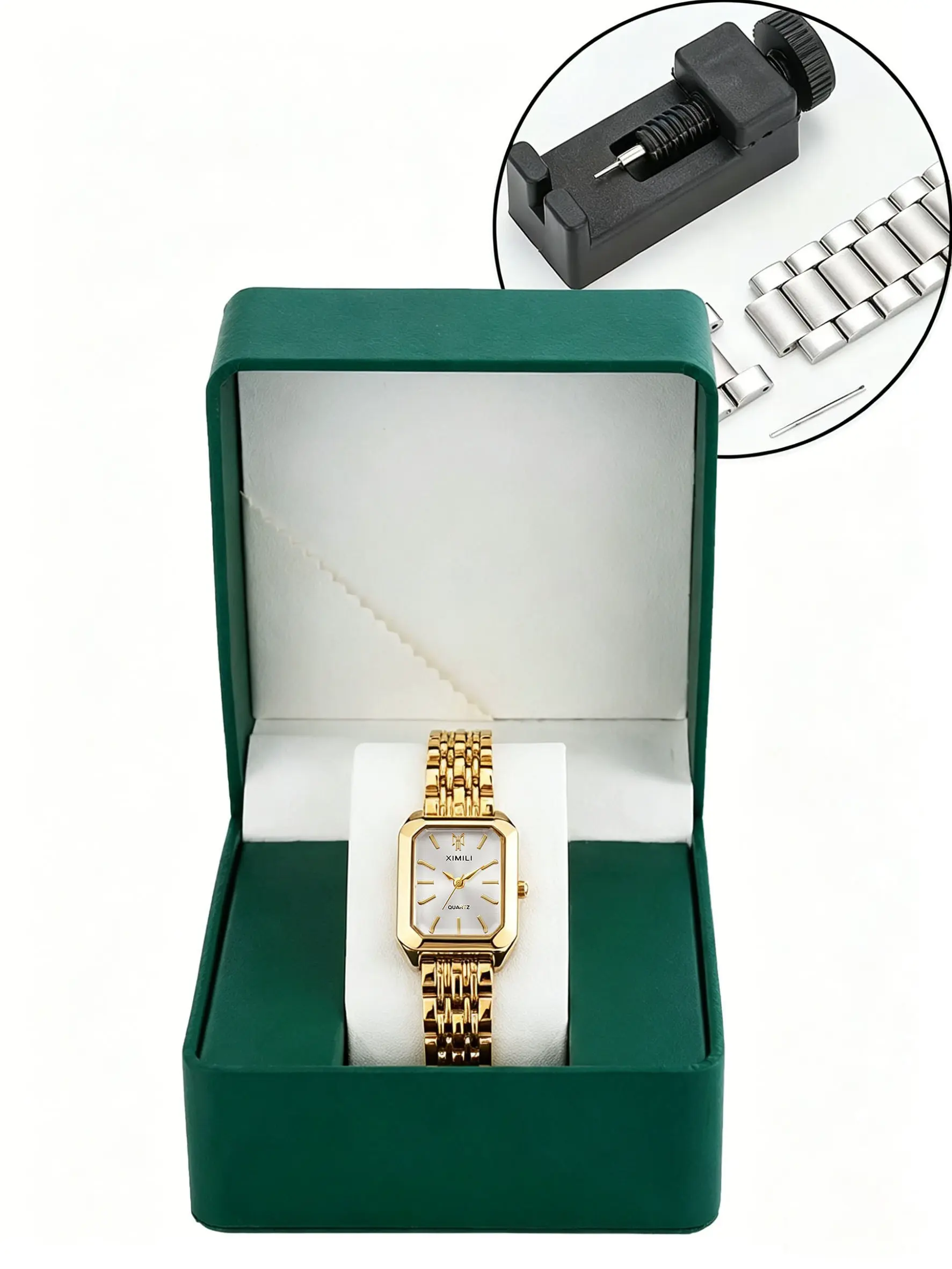Luxury ladies' fashionable quartz analog watch, simple square scale, high-quality gold-plated dial, business style, equipped with strap adjuster, adjustable size, comes with a gift box and strap adjuster, Watch Gift Set, making it a great gift for her.