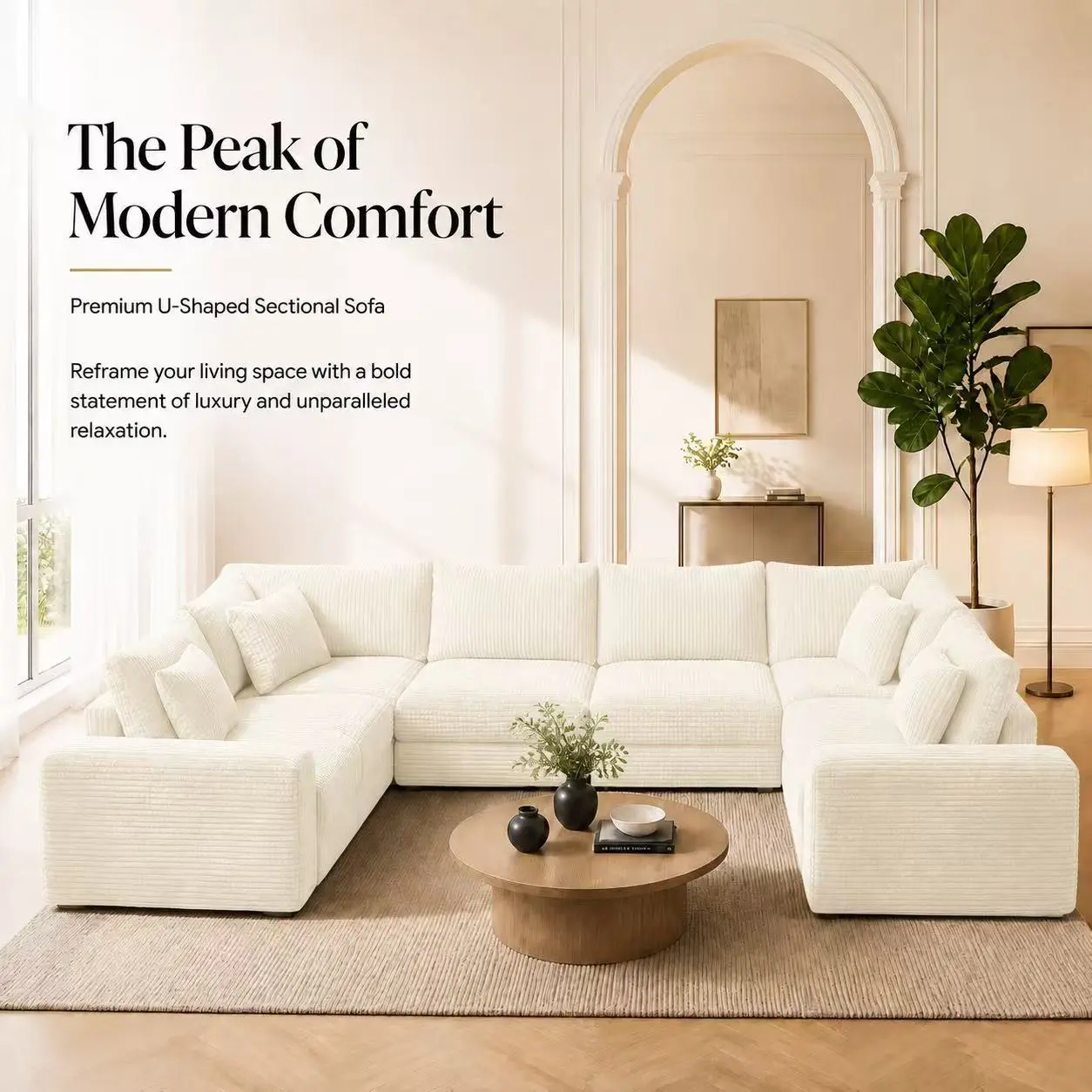 124.4" Cloud Sectional Sofa with U-Shape Chaise and Side Pockets , Modern Modular Design, Deep Seating, Upholstered Couch for Living Room/Bedroom, No Assembly Required