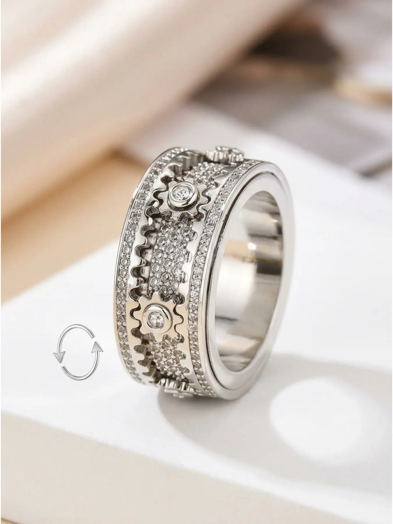 Luxury Gear Spinner Rotatable Ring for Women & Men, Rotating Crystal Band Ring, Industrial Style Fidget Jewelry, Statement Fashion Ring