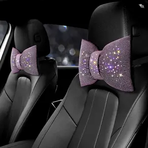 2PCS Rhinestone Car Headrest Neck Pillow for Driving with Bling Bling Crystal Bow Pillow Car Accessories for Women (Pink)