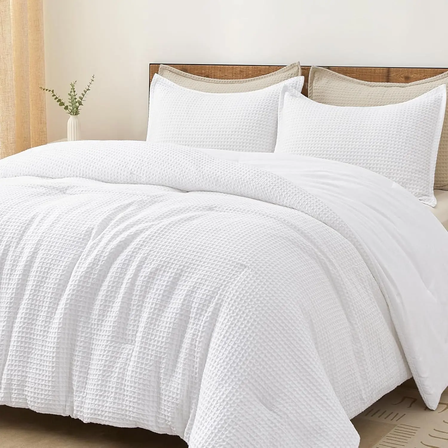 Ultra Soft Waffle Weave Comforter Set Queen Size, 3 Pieces Lightweight Breathable Comfy Bedding Set, Comfy Textured 1 Comforter with 2 Pillow Shams, White