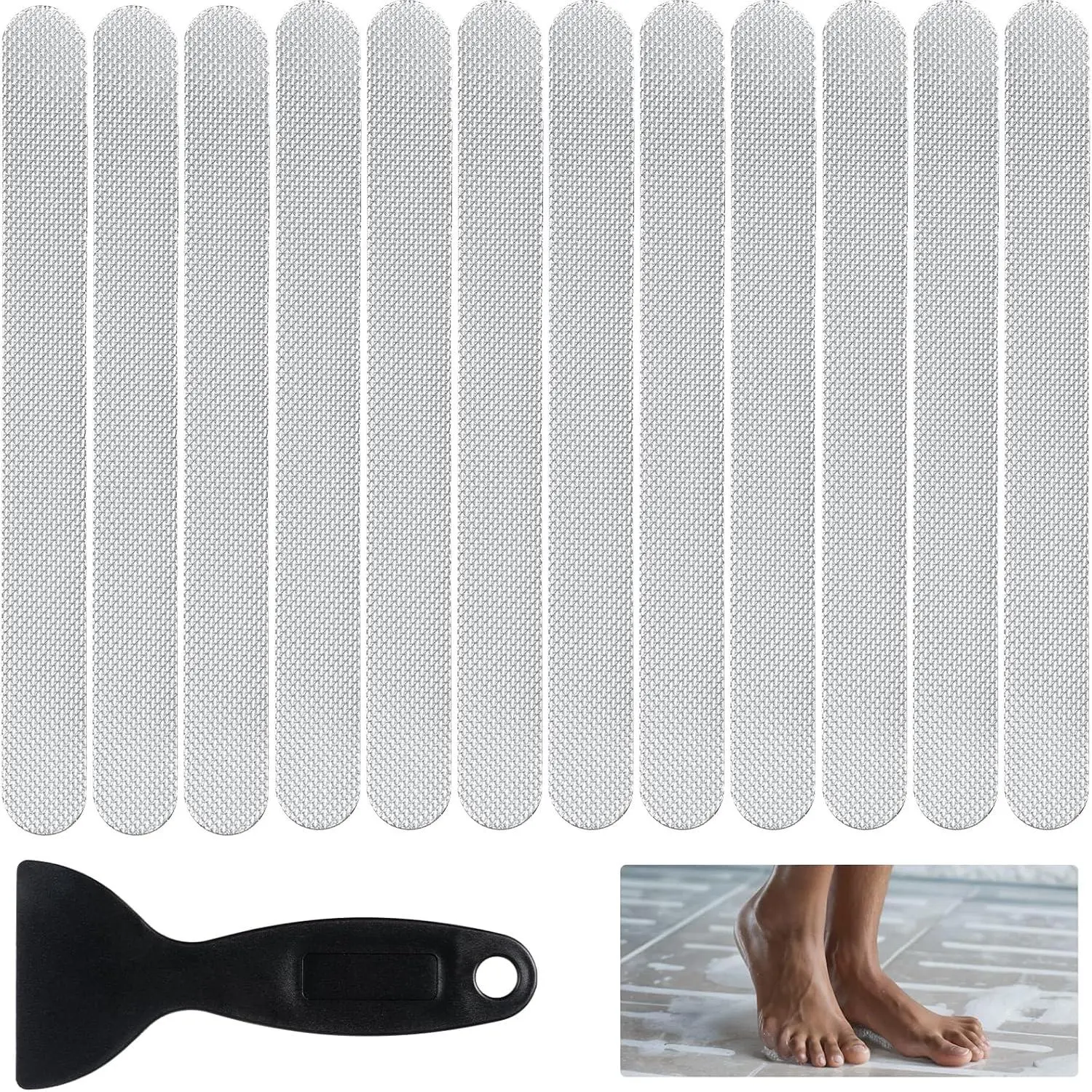 Anti Slip Shower Stickers, Safety Bathtub Strips Non Slip Bathtub Stickers with Scraper Adhesive  Shower Strips Treads for Shower Stairs Bathroom Bath Tubs (0.78 × 7.87 inches, 12 count)