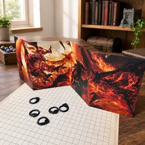 Tabletop Game Master Screen, Flame Dragon Battle Design, 33x99cm, Holds A4 Rulebook, Replaceable Inner Pages, Ideal for Rpgs