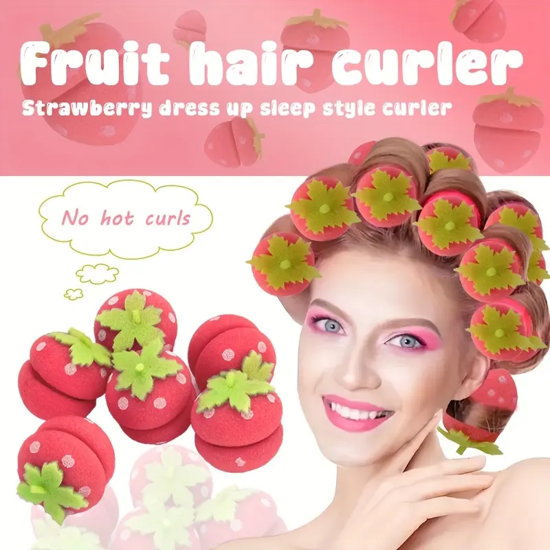 6pcs red strawberry-shaped heat-free curlers,  no electricity and no fragrance required, overnight sleep soft curlers, comfortable and soft material that does not damage hair quality - used to create curly and delicate hairstyles, Heatless Styling Tools