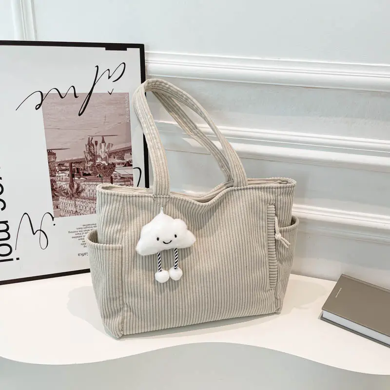 2026 Trendy Corduroy Crossbody Tote Bag Large Capacity Mori Aesthetic Shoulder Bag Versatile for School College Daily Use