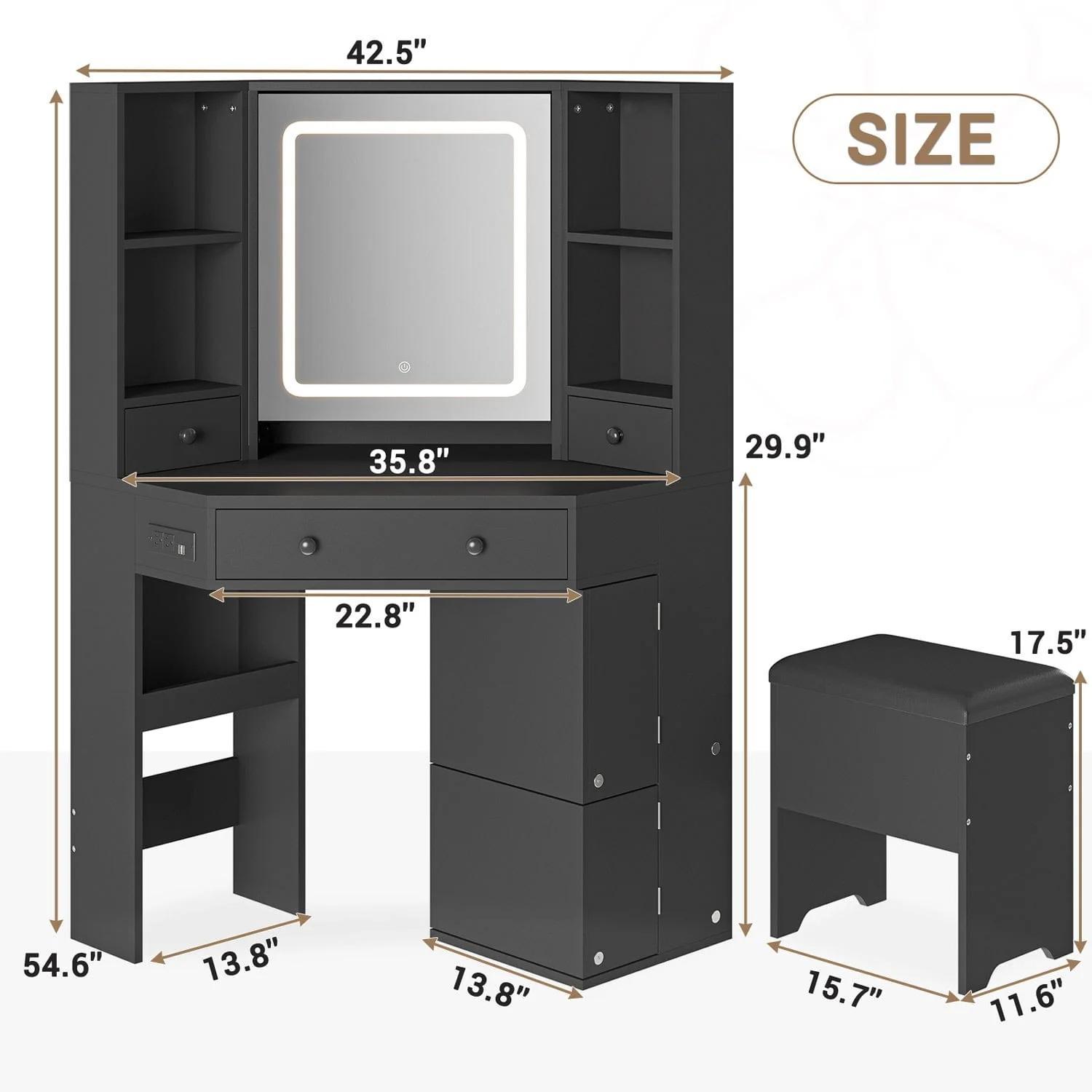 Corner Makeup Vanity Set with Upholstered Storage Stool Black Corner Makeup Vanity Set with Upholstered Storage Stool Black