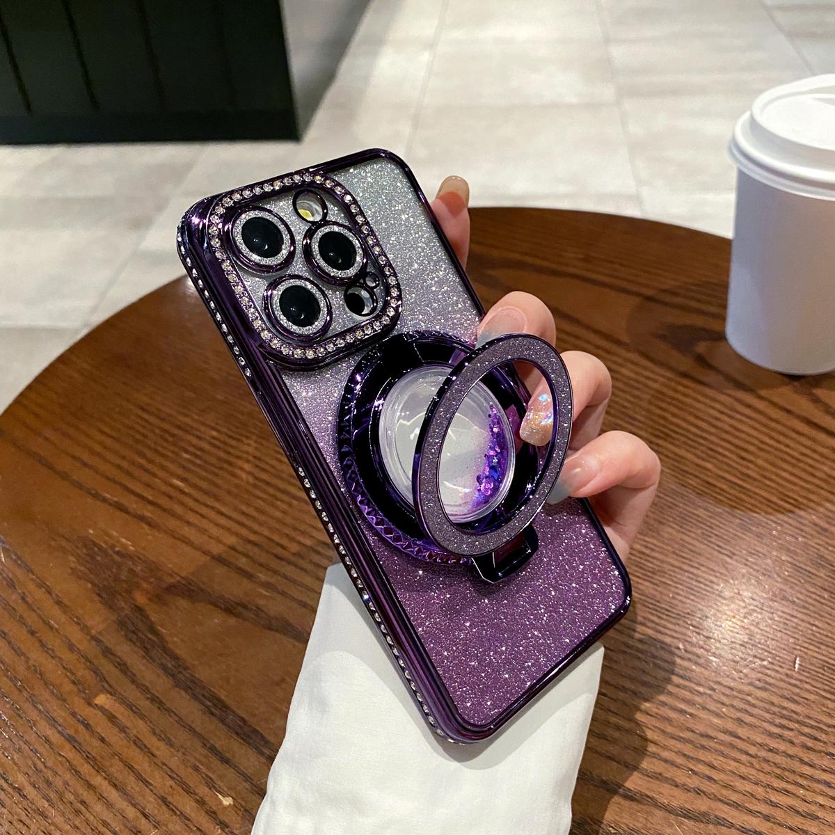 OREKROY Glitter Kickstand Case for iPhone 16 15 Pro Max 16 Plus 15/14/13/12, Luxury Bling Sparkly Diamond Rhinestones with Camera Protector Liquid Flowing Ring Stand TPU Bumper Women Girls Case Gift