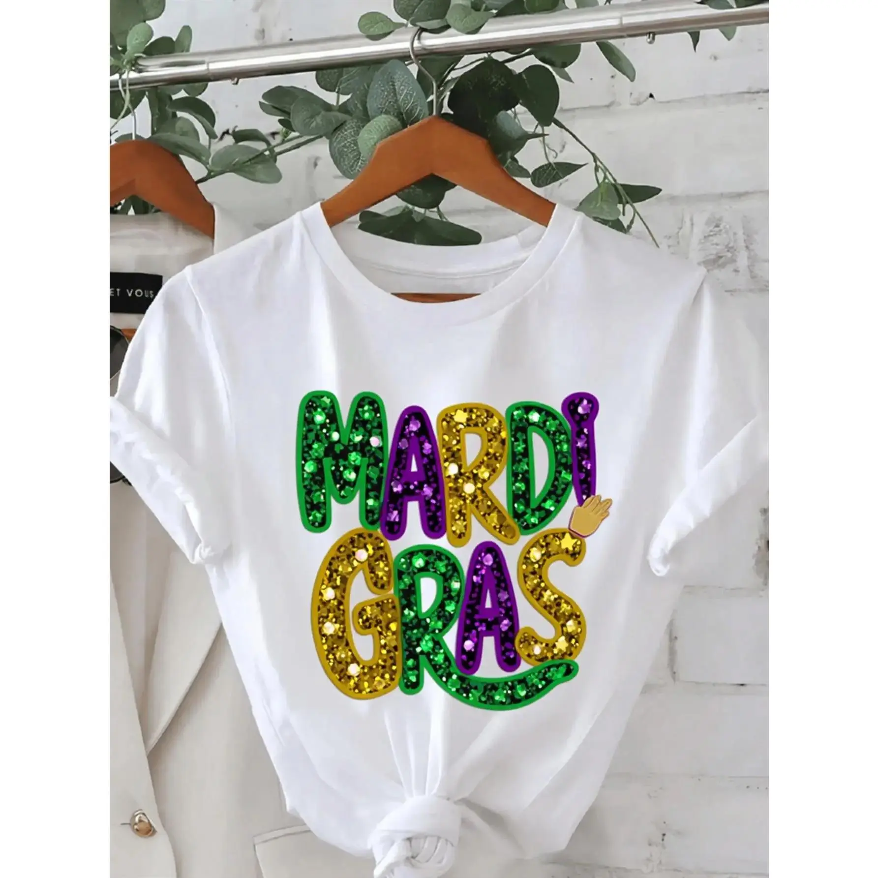 Women'S Carnival Sequin Pattern Short Sleeve T-Shirt |     Round Neck, Casual Loose Fit, Suitable for Parties and Festivals, Comfortable White Top, Unisex Elegant Round Neck Shirt, Vintage Style, Short Sleeve T-Shirt
