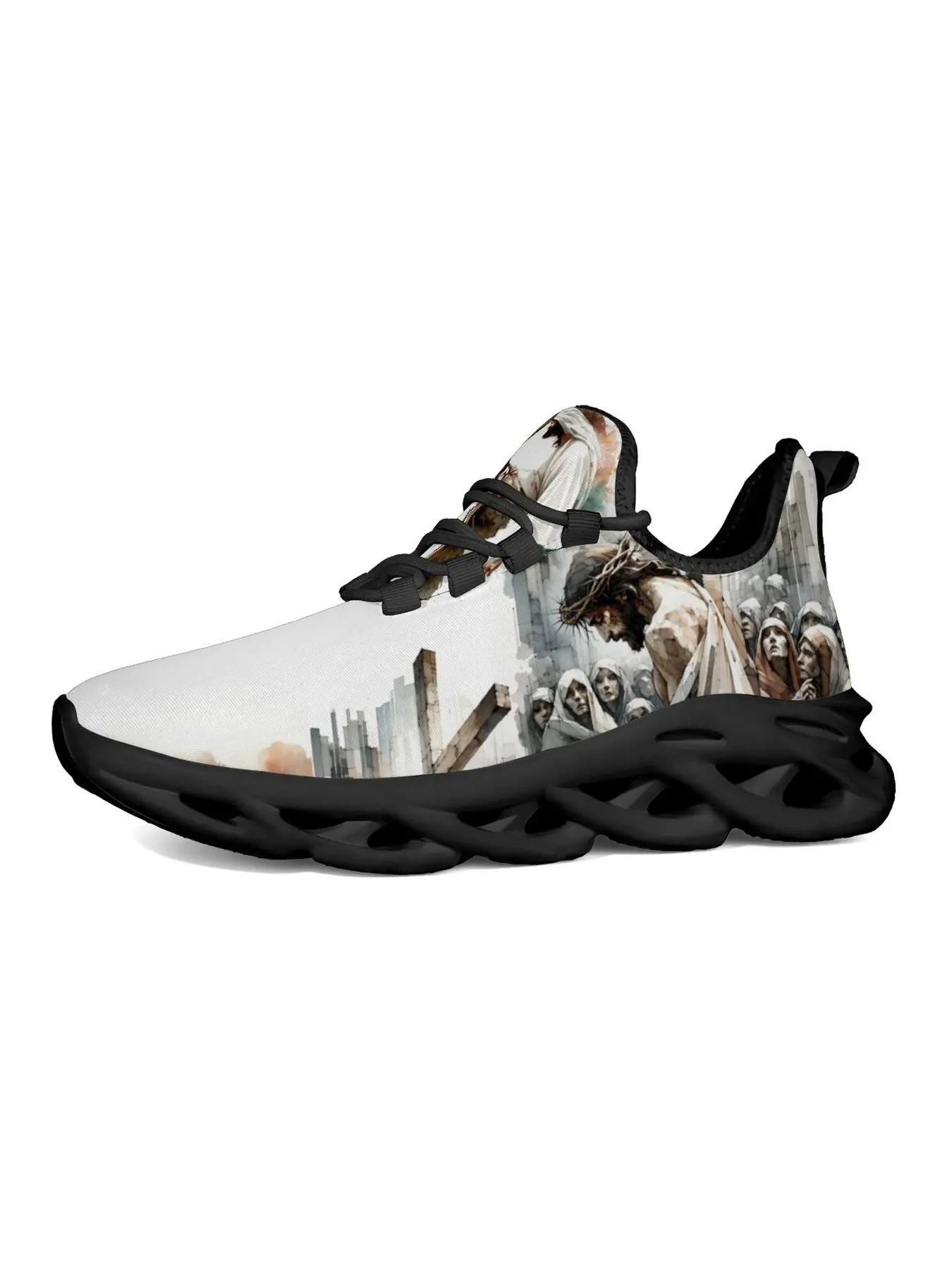 Jesus Watercolor Religious Scene Blade Sneakers Men Women Black White Breathable Mesh Lace Up Running Shoes Biblical Story Watercolor Painting Print Hollow Wave Sole Christian Faith Casual Athletic Trainers