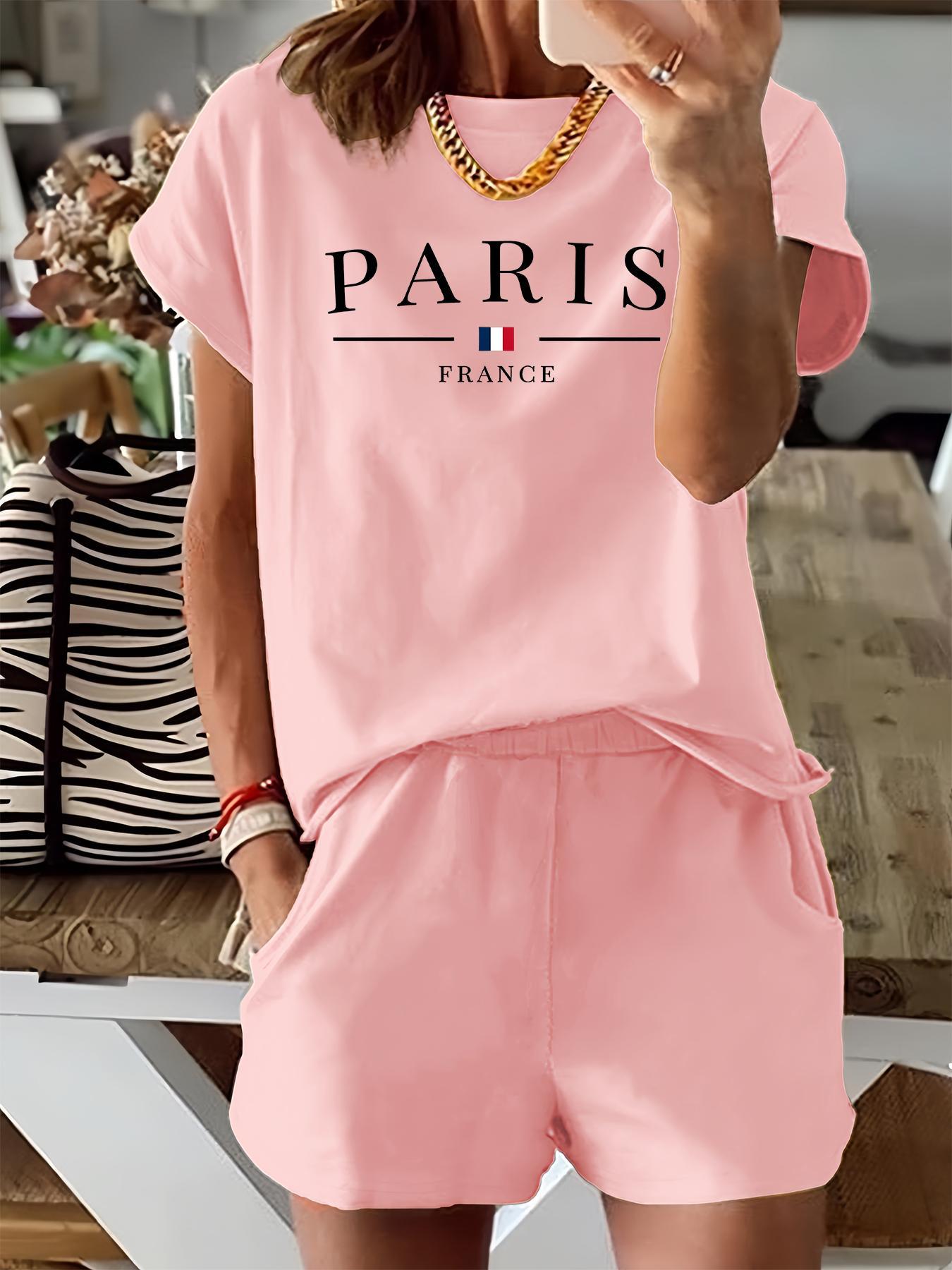 Women's Letter & Flag Print Two-piece Set, Casual Matching Set, Short Sleeve Tee & Elastic Waist Shorts Set, Casual Round Neck T-shirt & Pocket Shorts for Summer, Ladies Clothes for Daily Wear