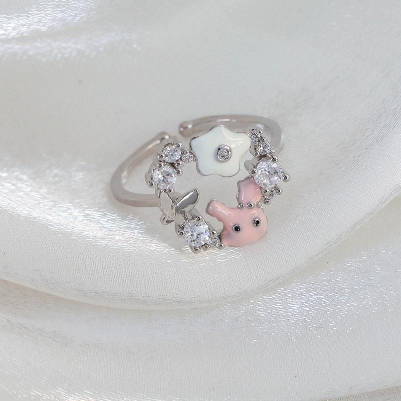 Spring and summer macaron-colored oil-drip flower heart ring with zircon inlay, open niche ring for women, personalized index finger ring