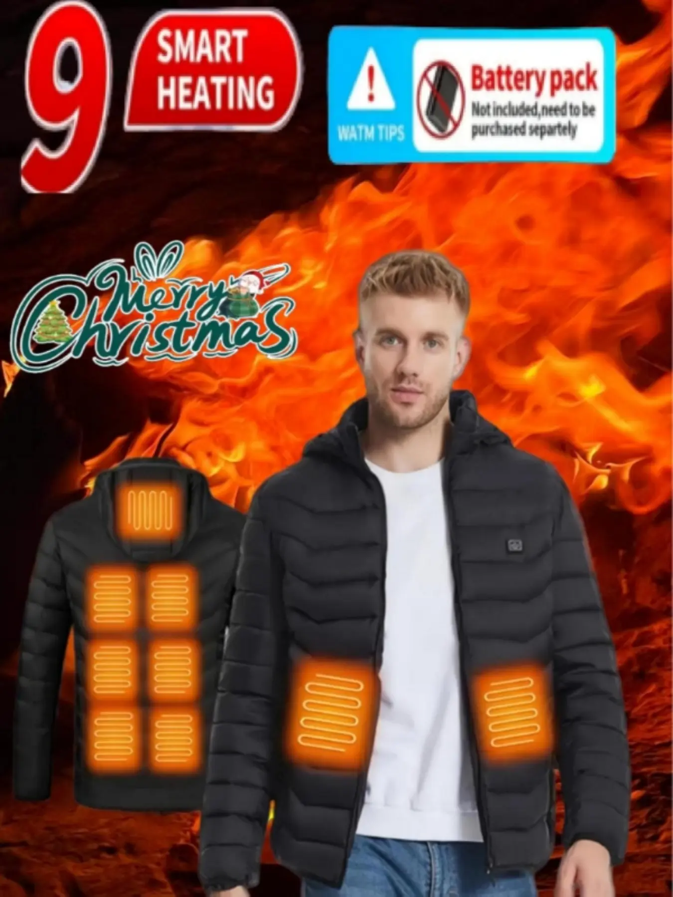 Heating Jacket with Detachable Hat, USB Smart Temperature Control, 9-Zone Heating, Adjustable, Windproof, Men's Winter Coat