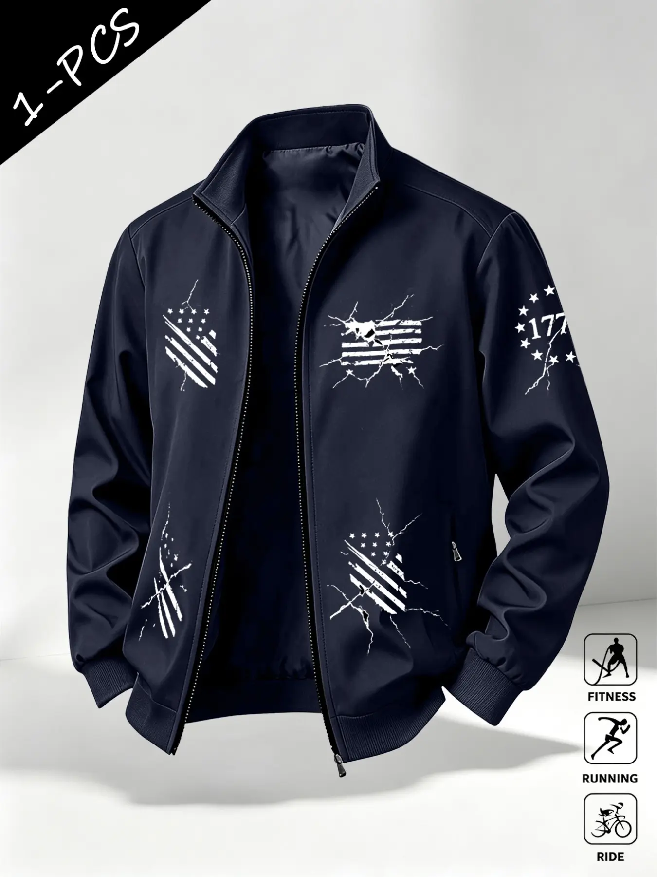 Crackle 1776 Star Flag Print Stand Collar Baseball Jacket, American Vintage Military British Cleanfit Windproof Outerwear, Men's Zipper Top