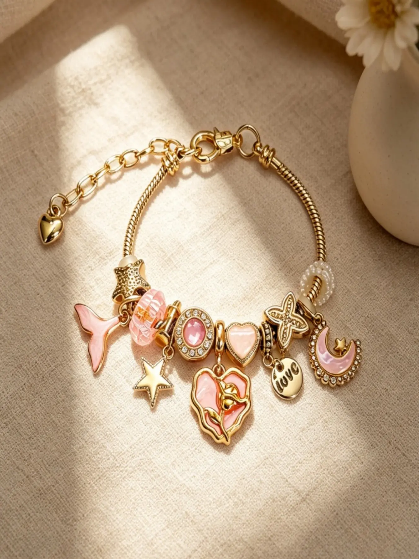 Elegant Rhinestone Butterfly Heart Moon Bead Bracelet, Luxurious Versatile Diamond Tulip Adjustable Bracelet, All Seasons Fashion Accessory