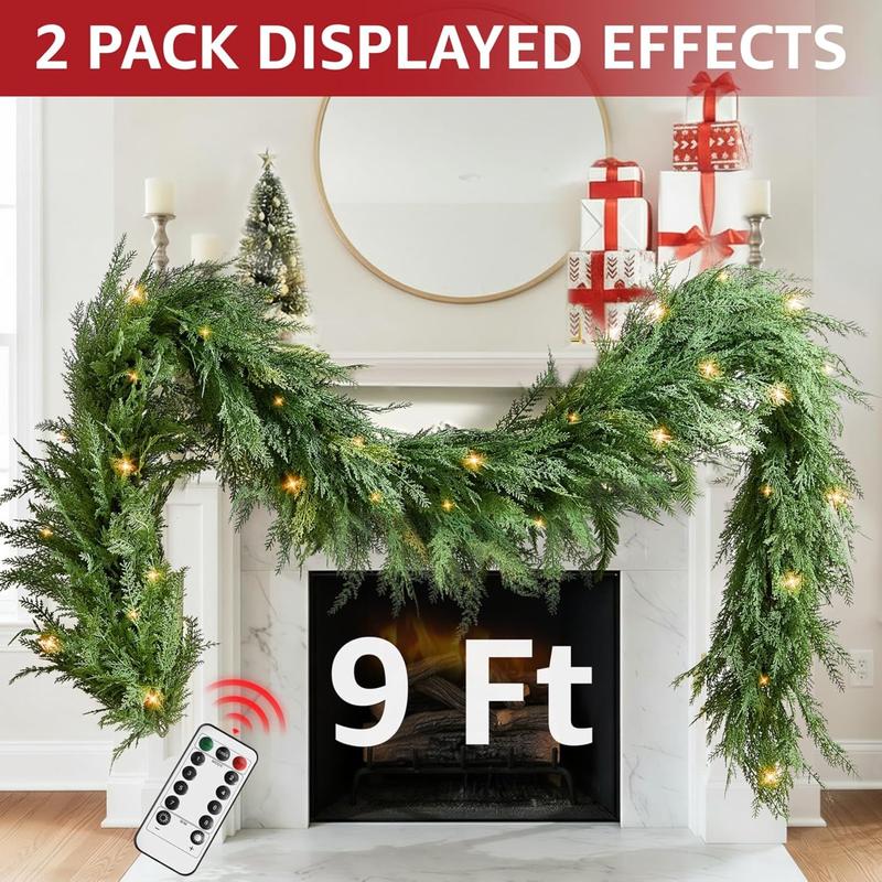 Christmas Cedar Garland Realistic with Lights - Cypress Decorations 9ft for Mantle Lighted Faux Pine Garlands for Xmas Home Decoration Indoor Stairs Railing Fireplace 9 Ft Outdoor Prelit Door Decor