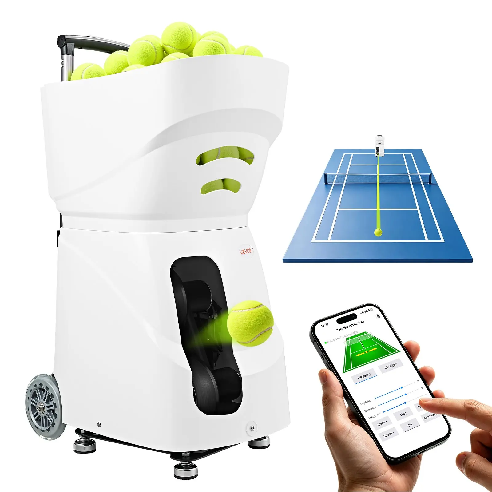 VEVOR Tennis Ball Machine,4H Runtimeand110 Ball Capacity Auto Ball Launcher, for Beginners and Pro Practice Training, with App Remote Control, Spin Control, 2 Training Modes, and Speeds up to 75MPH