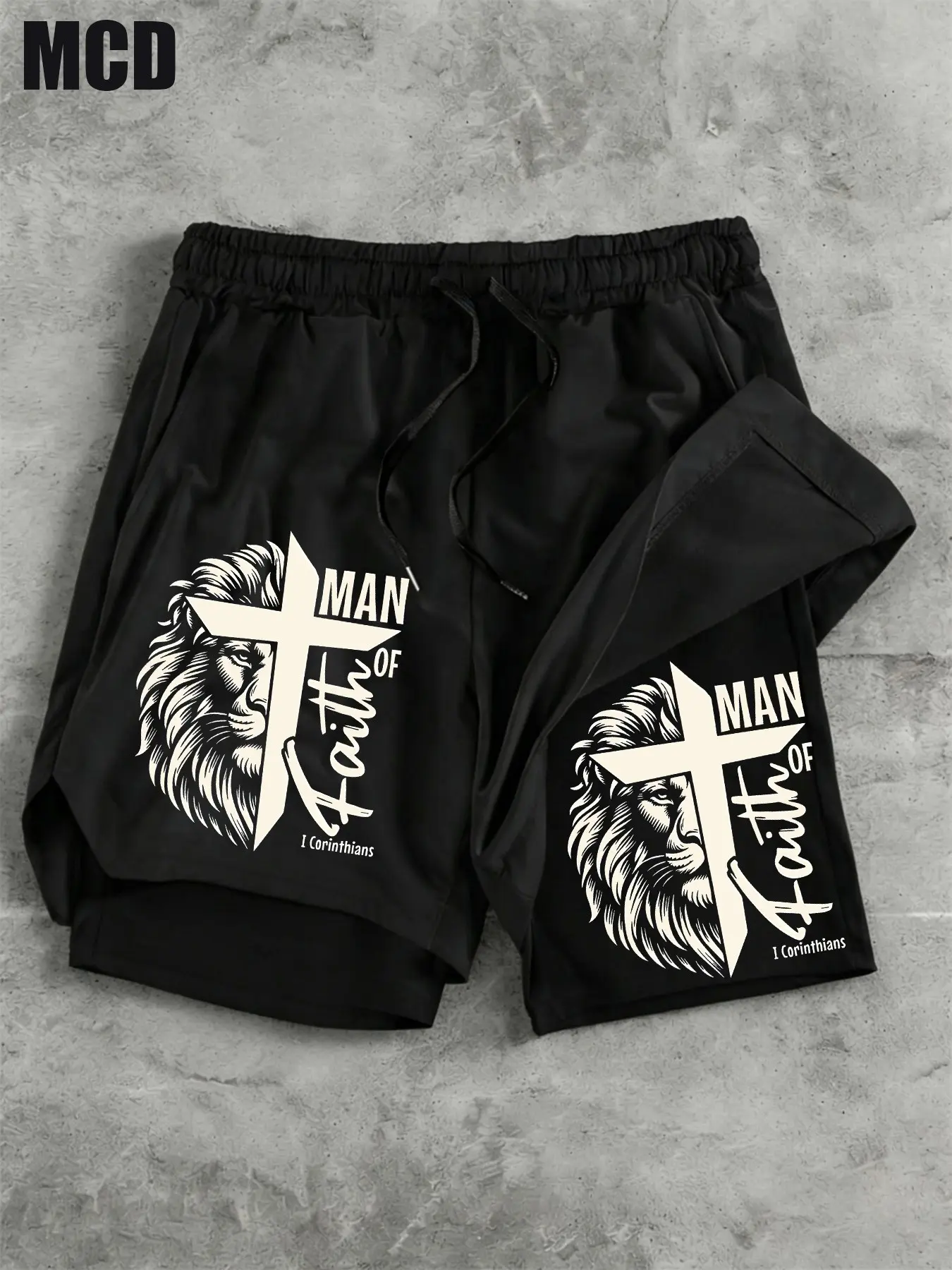 Mcd Lion Man of Faith Cross 1 Corinthians Bible Verse Print Shorts, Unisex Quick Dry Drawstring Athletic Shorts, Daily Gym Beach Wear