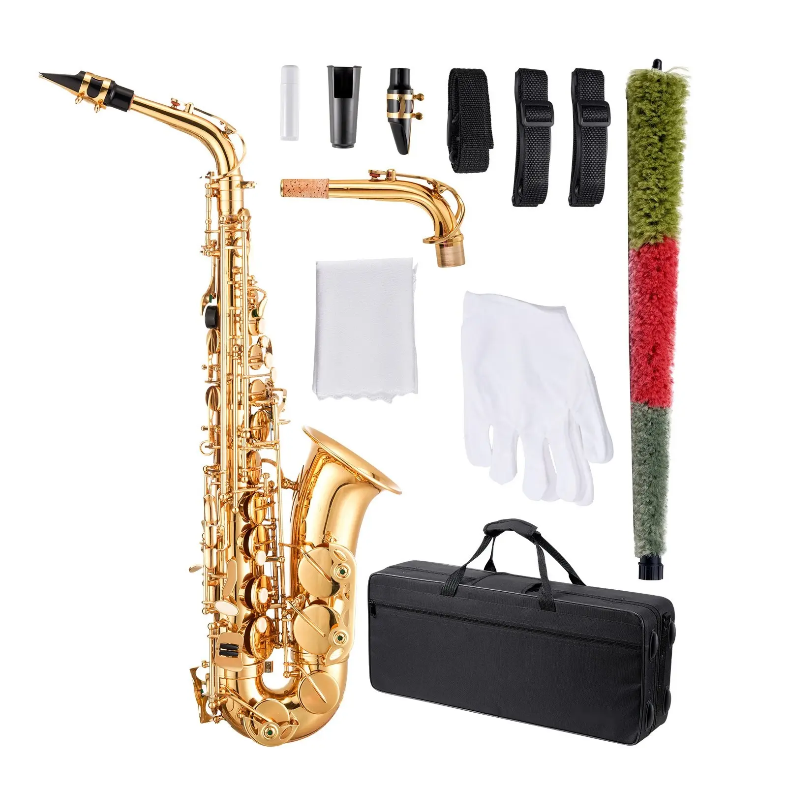 Gold Brass Alto Saxophone In Eb E-Flat Key Beginner Kit With Case, Adjustable Strap, Mouthpiece, Reeds, Cleaning Cloth, Neck Strap, Carrying Bag, And Starter Accessories Ideal For Beginners And Students.