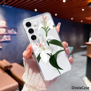 Elegant White Lilies with Fresh Green Leaves Blooming HD Clear Shockproof Transparent Acrylic Magnetic Printed for Samsung Galaxy S26 S25 S24 S23 S22 S21 S20 Fe Plus Ultra Edge S10E A57 A56 A55 A54 A37 A36 A35 A34 A26 A25 A24 A23 A17 A16 A15 A14 A07 A06