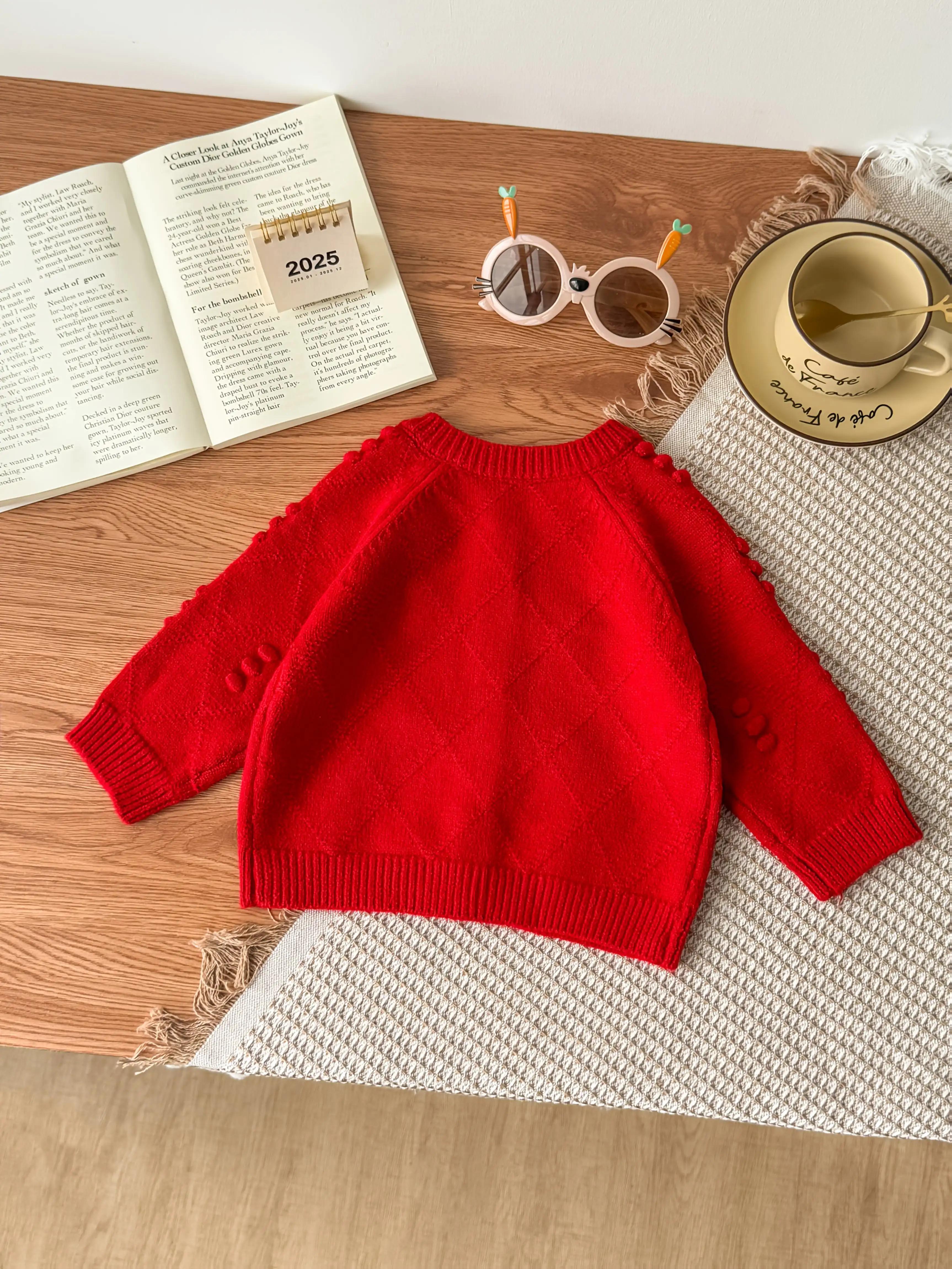 Girls' Red Knit Cardigan with Heart Pattern - Long Sleeve, Button-Up, Round Neck, Stretchy Fabric, Perfect for Fall/Winter, Halloween & Casual Wear, Halloween Cardigan |           Playful Design |           Knit Construction, Halloween Clothes, Girl Cardi