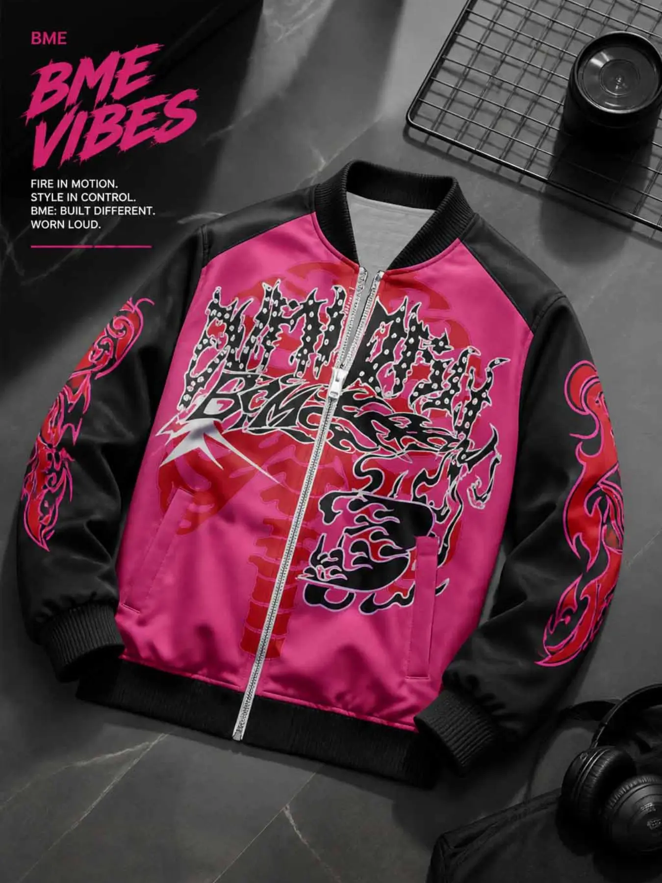 Men's Skull Flame Pattern Zipper Bomber Jacket, Retro Graffiti Letter Print, Windproof Baseball Collar, Fall Winter Outerwear