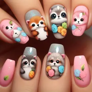 24pcs Cute Cartoon Animal Nail Stickers, Floral & Pet Patterns, Ideal for Women, Fun Raccoon/fox Design, Easy to Apply & Remove