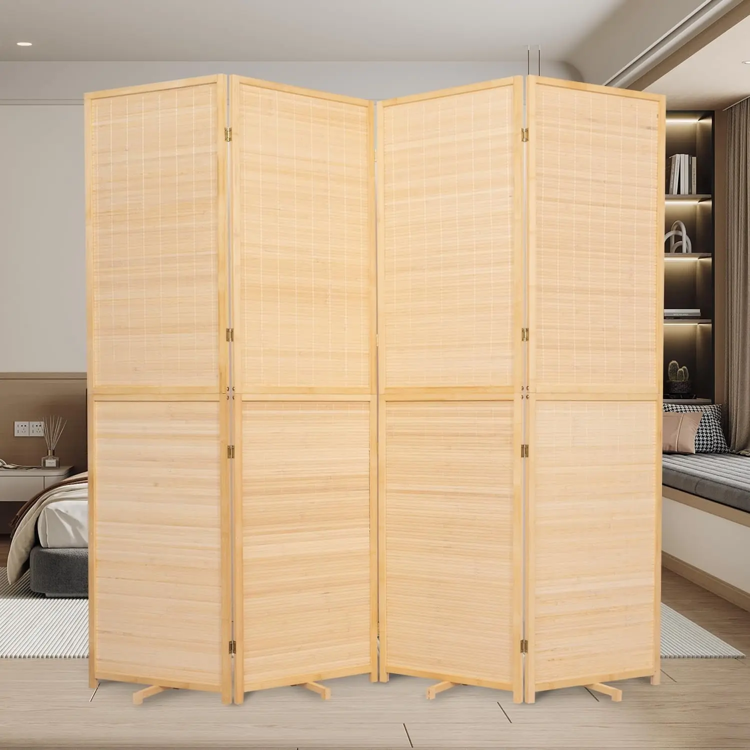 Handwoven Bamboo Mesh Room Divider - 5.6FT 4-Panel Folding Privacy Screen, Beige, Rotating Feet, Freestanding Portable Divider for Kitchen Tableware Area