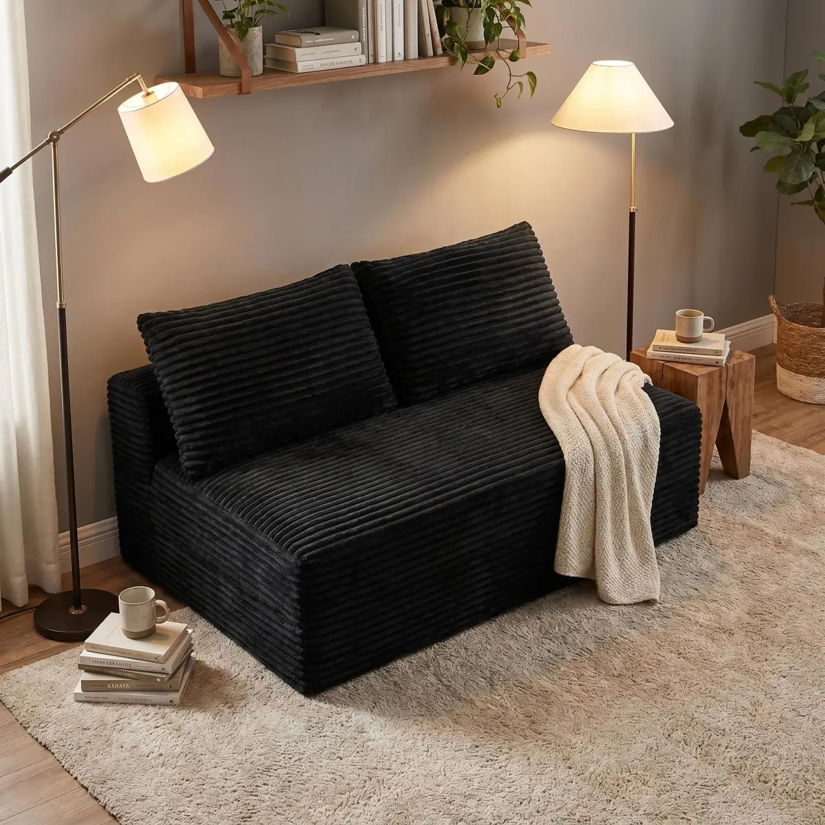 Loveseat Sofa Couch, Compressed 2-Seater Sofa for Living Room, Armless Corduroy Couch for Small Apartment, Black