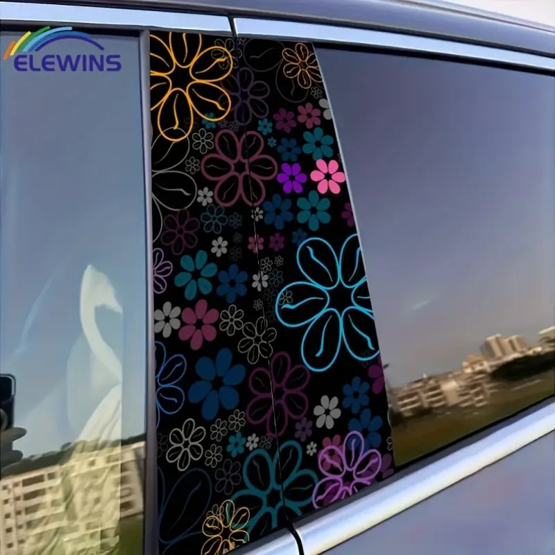 Self-Adhesive Glossy Vinyl Stickers for Car B-Pillars Featuring a Two-Piece Floral Design with Vibrant Flowers Against a Black Backdrop, Designed to Be Durable And Perfect for Car Exterior Enhancements
